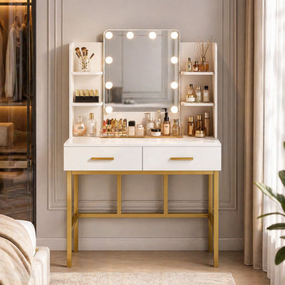 Make up Vanity with Lighted LED Mirror & 2 Drawers, Makeup Vanity Desk, White and Gold