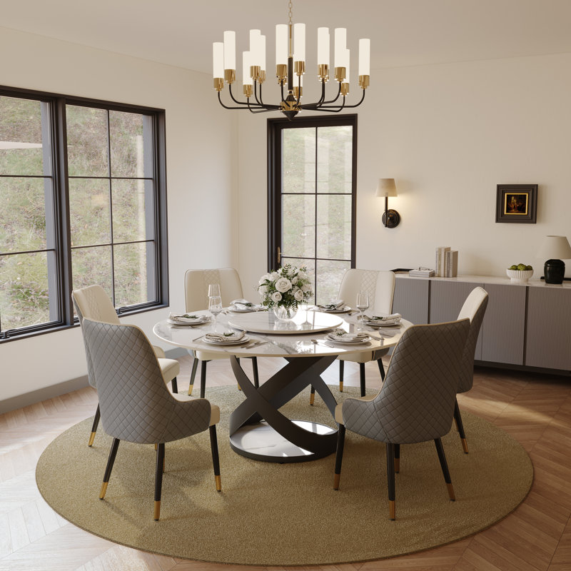 Maxwell 5/7 Pieces Modern Round Dining Table Sets, Glossy Sintered Stone Dining Table With PU Upholstered Chairs, Pre-Assembly