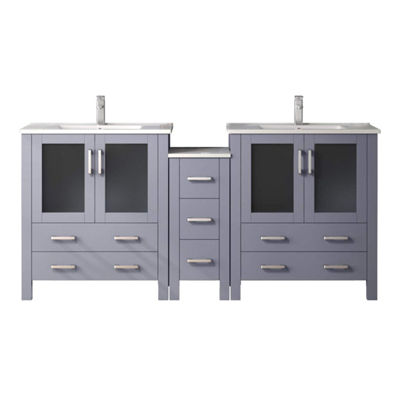 Ensemble de meuble-lavabo double gris foncé l 72 po x P 18,25 po avec armoire latérale, comptoir en céramique blanche et robinet