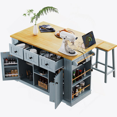 53Inch Large Kitchen Island With Drop Leaf,Power Outlet,Door Internal Storage Rack,Rolling Kitchen Cart On 5 Wheels With 5 Open Side Racks For Kitchen,Grey Blue(Two Packages)(Stools Not Included)