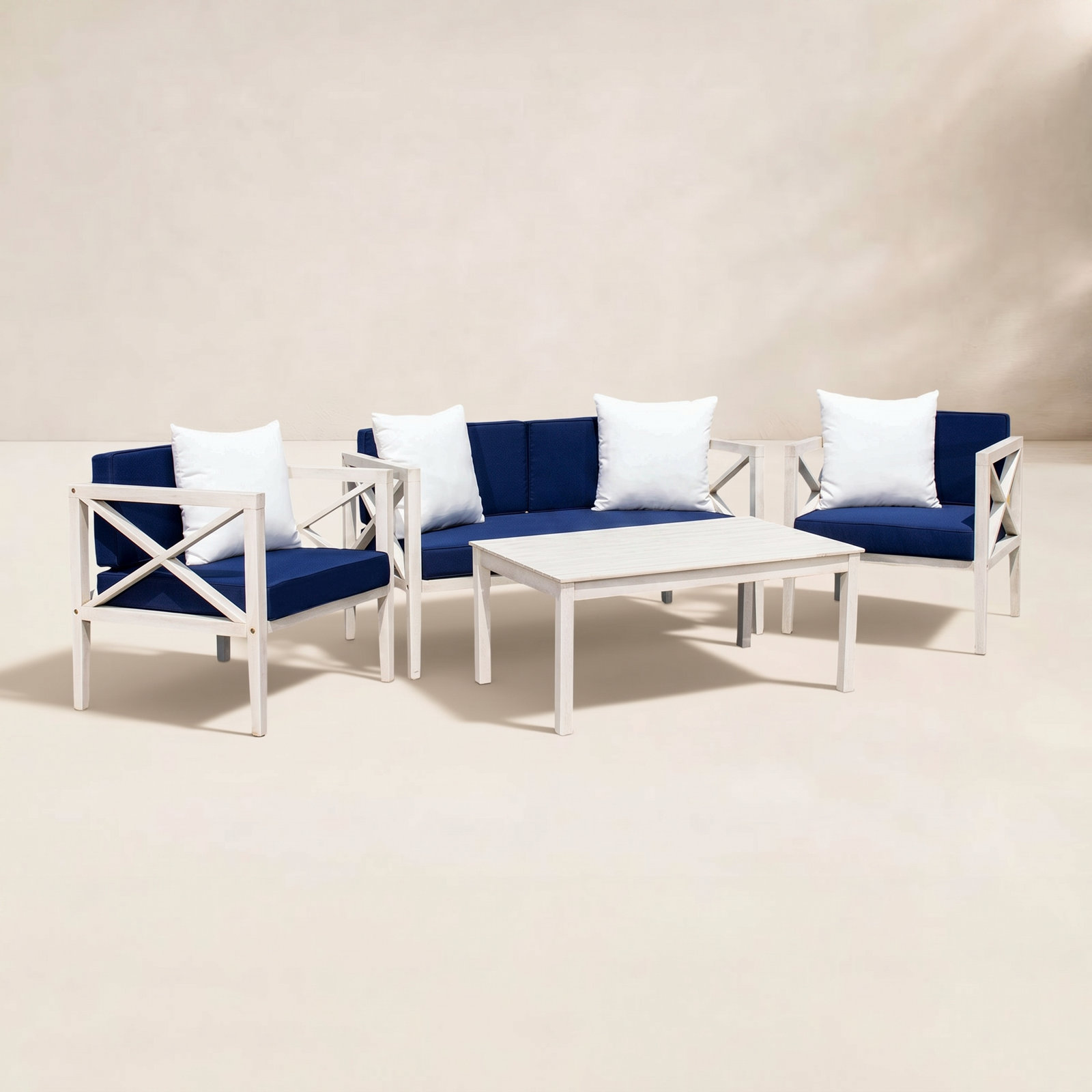 Mondovi Eucalyptus 4 - Person Patio Conversation Set with Cushions, Grey Wash Frame/Navy Cushion, White