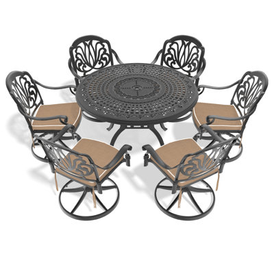 Ensemble de salle à manger 7 pièces en fonte d'aluminium toutes saisons, comprenant 6 chaises pivotantes et une table ronde de 47,24 po avec structure noire