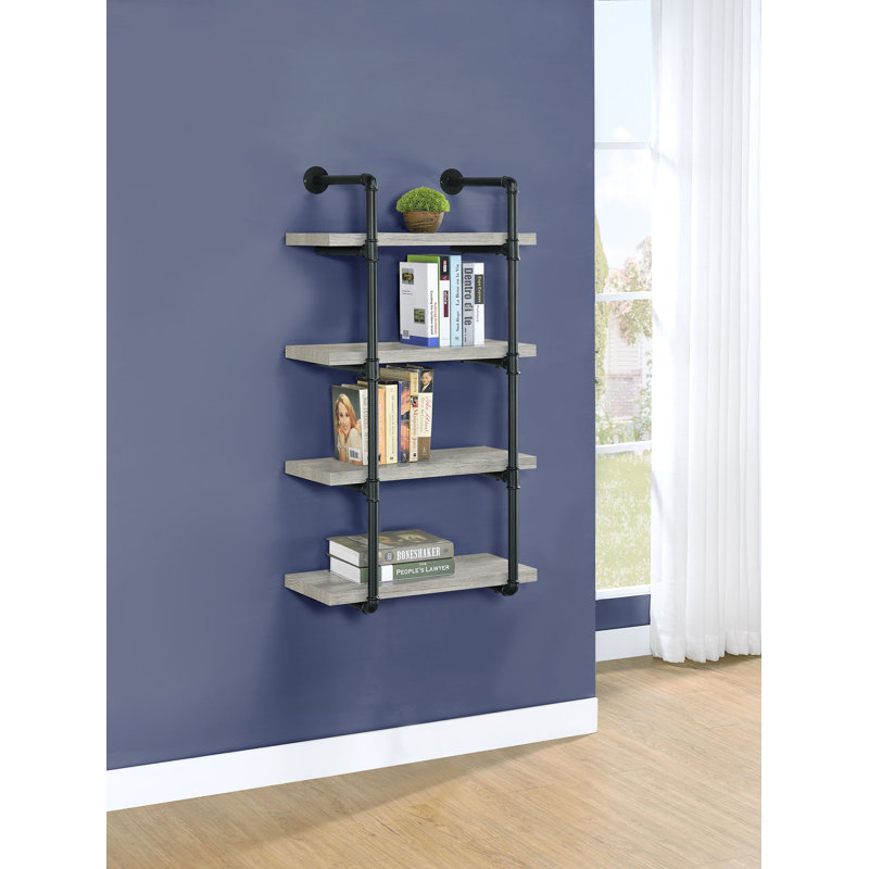 Shannock 46'' H Stainless Steel Floating Bookcase, Rustic Oak, (4 Shelves) 46"H x 39.25"W x 11.5"D