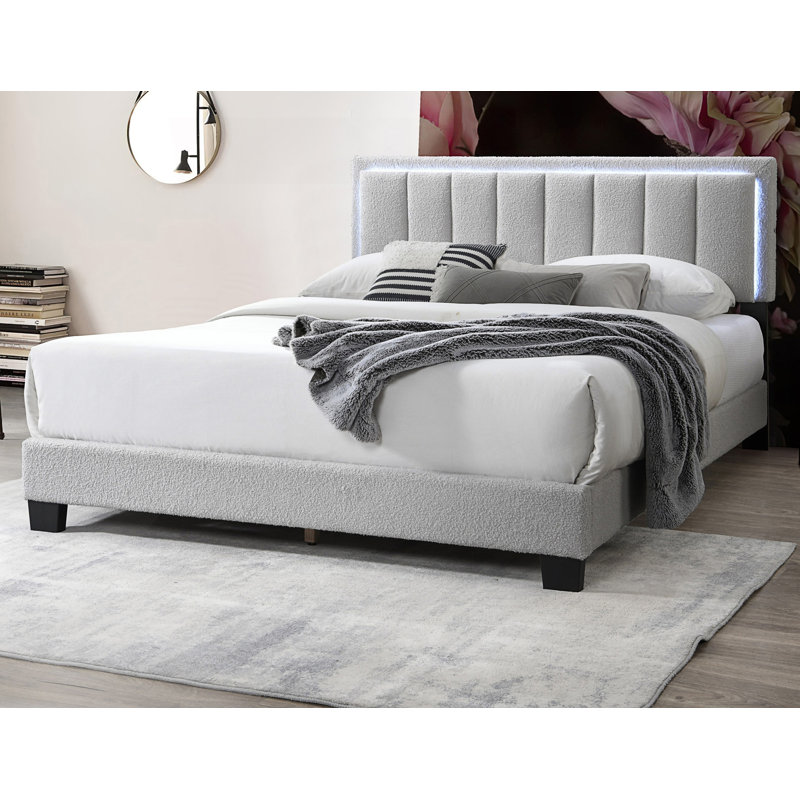 Lit double tapissier 1Pc avec DEL, Gris clair