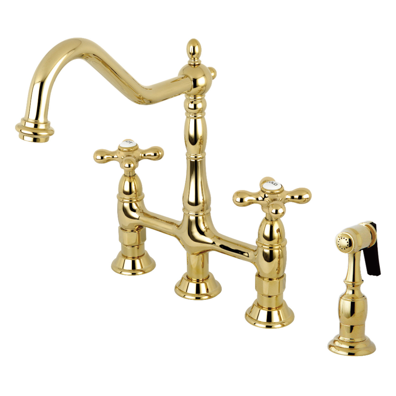 Kingston Brass Heritage Two-Handle 4-Hole Deck Mount Bridge Kitchen Faucet with Brass Side Sprayer, Polished Brass