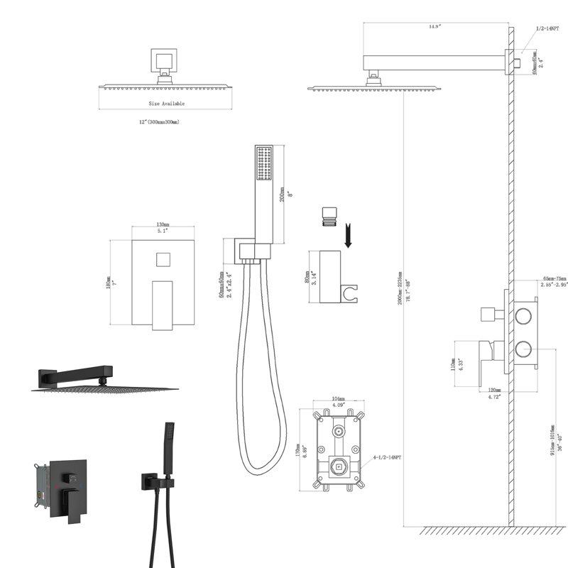 Tête de douche murale double - 12 po, noir mat, tête carrée filetée standard US, équilibrée, Noir mat