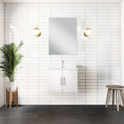 Meuble-lavabo blanc lustré, 24 po X P 22 po, comptoir en marbre de culture, robinet et miroir