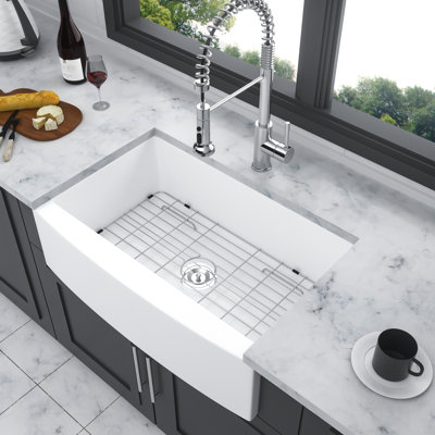 33 Inch Ceramic White Kitchen Sink, Arch Edge Apron Front Design, To Scuffs And Scratches, With Dish Grid Basket Sink Featuring Front, High - Resistance Surface, Ideal For , Strainer