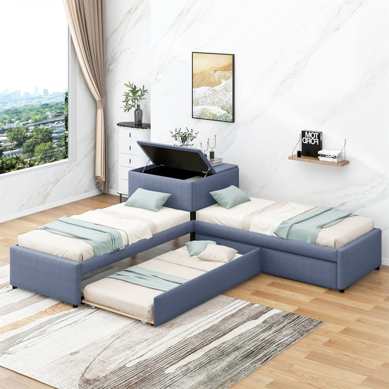L-Shaped Upholstered Platform Bed With Trundle And Two Drawers Linked With Built-In Desk,Twin