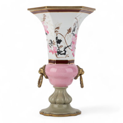 Pastel Bird Hexagon Porcelain Vase with Bronze Ormolu