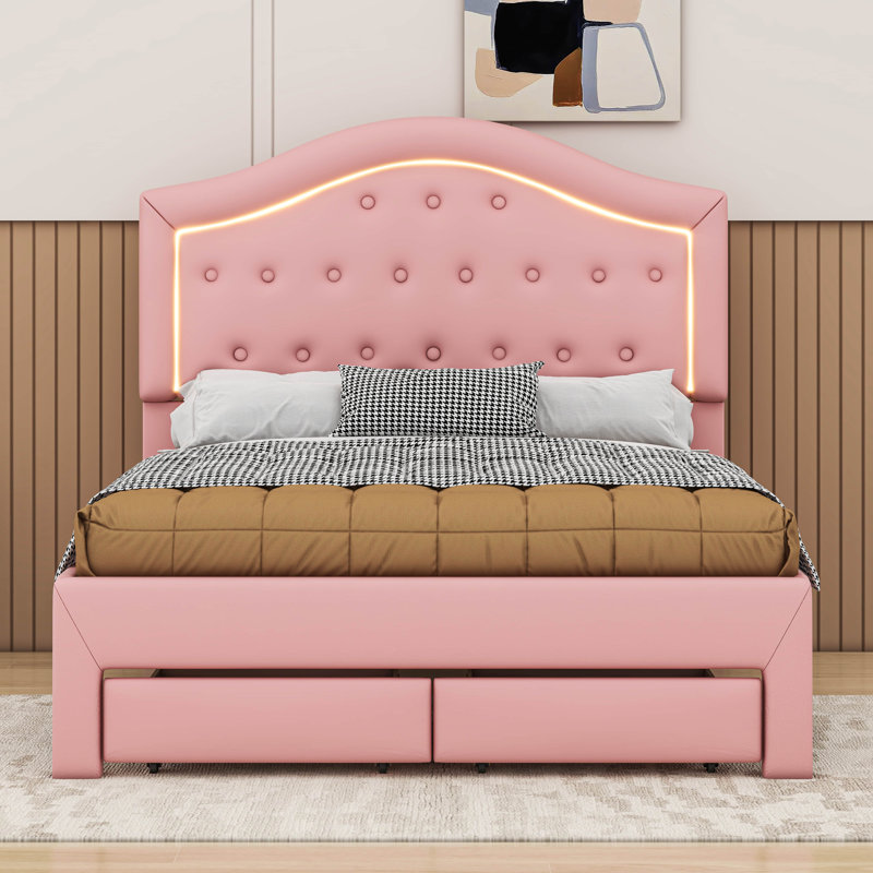 Lit plateforme tapissier avec tête de lit capitonnée, DEL et 2 tiroirs, Double , Rose