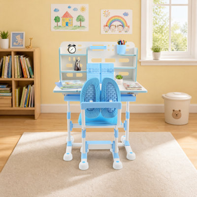 Ensemble bureau et chaise pour enfants, hauteur réglable, poste de travail ergonomique avec tablette à plusieurs niveaux et compartiments de rangement latéraux, table d'étude pour enfants de 3 à 18 ans, blanc et gris