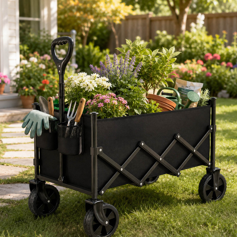 Chariot utilitaire pliable noir de 34 po, poignée réglable et roulettes à 360 °, Black