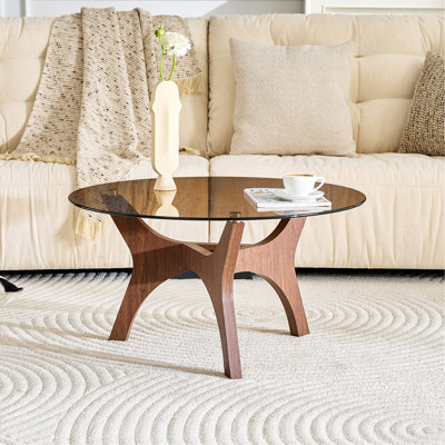 Table basse de 31,5 po en verre, de style Mid-Century moderne, idéale comme pièce maîtresse pour les salons, les chambres à coucher, les espaces de réception et les bureaux (noyer)