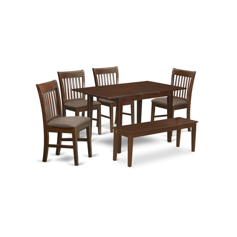 6 Piece Dining Room Set Contains a Rectangle Kitchen Table with Butterfly Leaf and 4 Linen Fabric Dining Chairs with a Bench, Mahogany