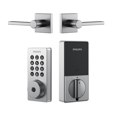 Serrure de porte Philips Smart Wi-Fi avec bouton-poussoir lumineux, code d'accès, lecteur d'empreintes digitales, clé traditionnelle et accès aux applis avec levier