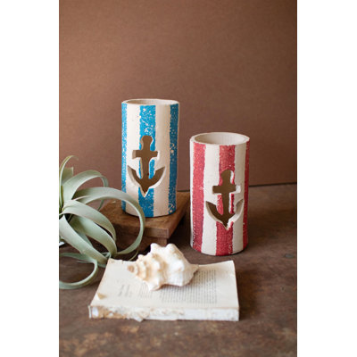  Coastal Anchor Luminaries Painted Clay Lanterns 8.25" H Set of 2
