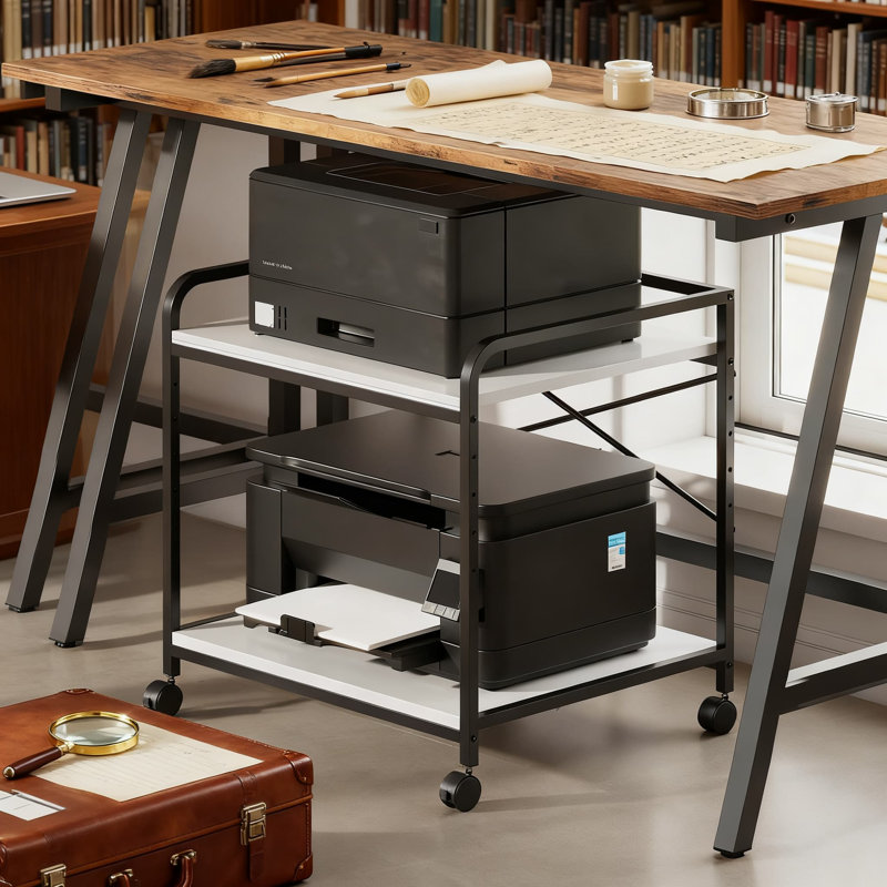 Support pour imprimante robuste sous le bureau avec tablette de rangement réglable, chariot à roulettes avec roues verrouillables pour le bureau personnel, imprimantes 3D et laser