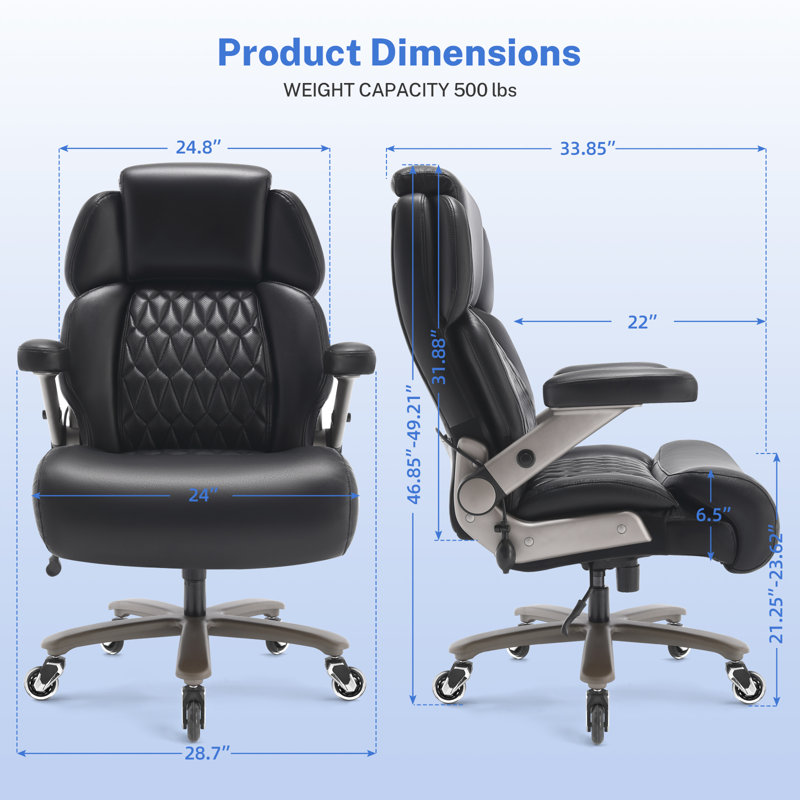 Mikial 500lbs Big and Tall Executive Office Chair - Breathable Leather, 3D Arms, & Air-Compressed Lumbar Support, Black