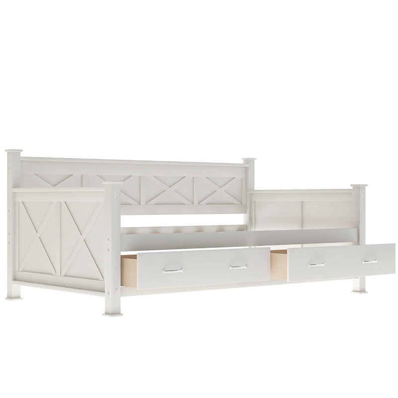 Twin Size Daybed with 2 Large Storage Drawers, X-Frame Solid Wood Bed, Modern Rustic Casual Style, Cream White, White
