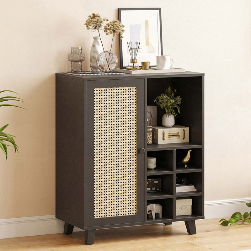 34 Inch Rattan Wine Bar Cabinet, Black