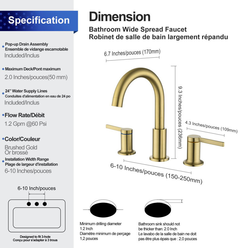 Robinet de salle de bain à 2 poignées avec drain N5401LSJ, Or brossé