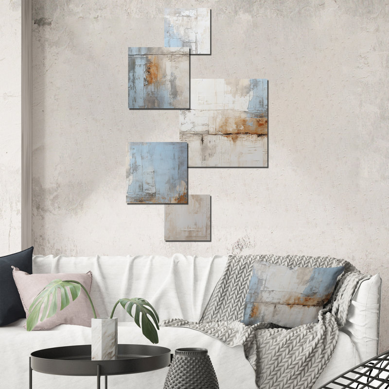 «Tachisme Drift» gris et bleu - ensemble d'art mural carré Tachisme