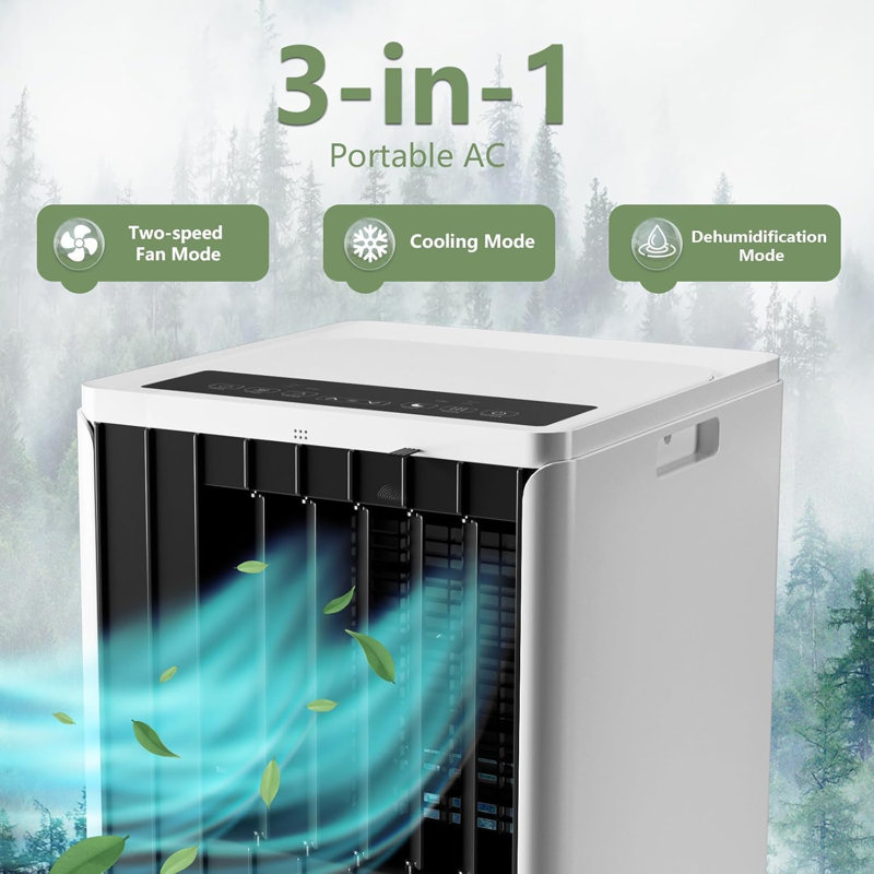 Unité de climatisation portable avec télécommande de refroidissement de 8 000 BTU, minuterie programmable à faible bruit de 24 heures pour les pièces jusqu'à 350 pieds carrés, idéale pour les dortoirs ou les bureaux. Conception en noir et blanc