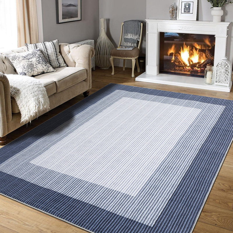 Modern Striped Bordered Printed (Not Woven)Rugs for Living Room Bedroom Decor Washable Low Pile Laundry Runner Rug Simple Neutral Carpet for Office Home Decor