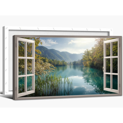 Spring Window Pictures Wall Decor, Open Window Landscape Art Prints, Scenic Nature Canvas Wall Art, Peaceful Forest Painting for Living Room Bedroom,