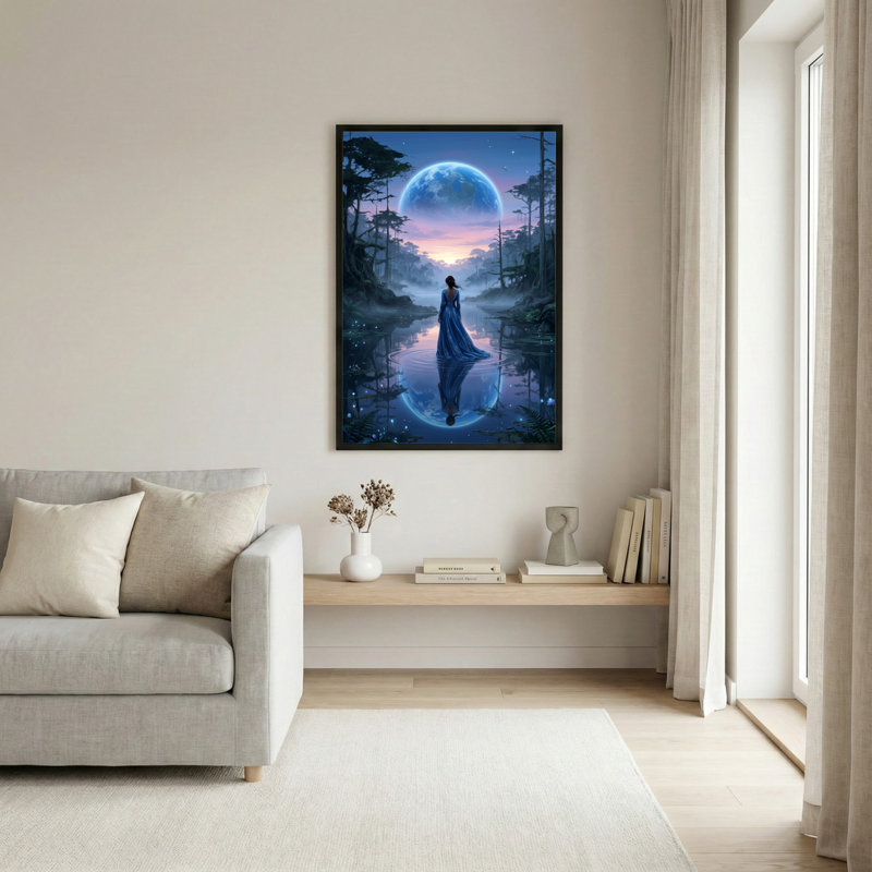 Toile noire encadrée en bois noir pour salon, chambre à coucher, bureau ou vestibule - décoration murale décorative avec forêt clair de lune