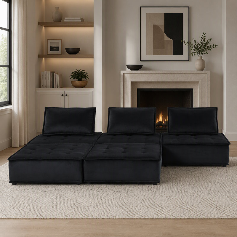 Canapé modulaire en velours noir avec repose-pieds 120 po 5 pièces