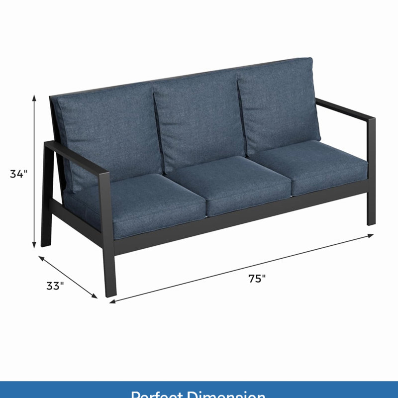 Canapé d'extérieur de 75 pouces avec 3 places, structure noire et coussins bleus - Housses, mousse haute densité, entretien facile