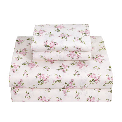 100% Cotton Full Size Bed Sheets Set with Deep Pockets, Cozy Percale sheets with Elastic Fitted Sheet 4 Piece Bedding and Pillowcase set, Floral Pink