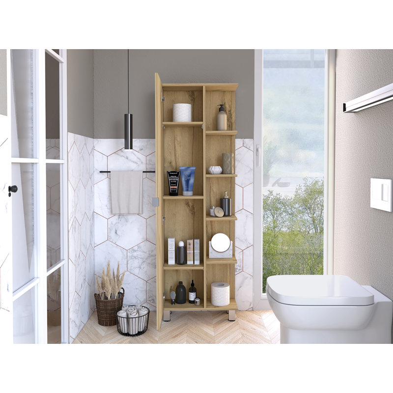 Armoire à linge miroir Urano, quatre tablettes intérieures, cinq tablettes extérieures , Beige