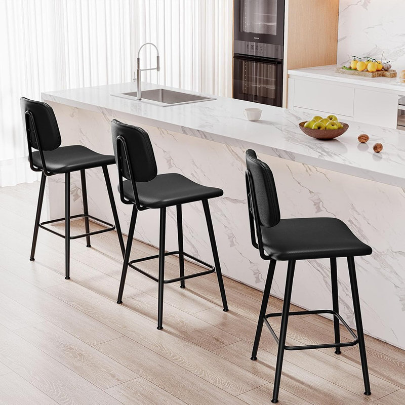 Ensemble de 3 tabourets de bar en cuir - noir - chaises de hauteur comptoir avec dossier haut, pieds en métal robustes, îlot de cuisine et sièges de salle à manger
