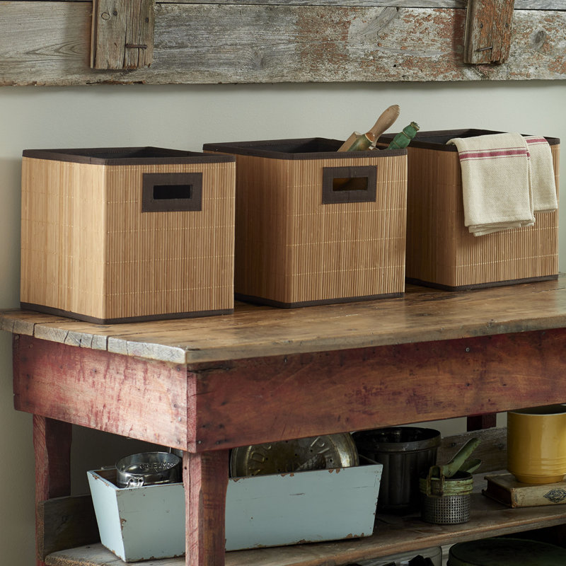 Natural Bamboo and Fabric Storage Cubes Set of 3