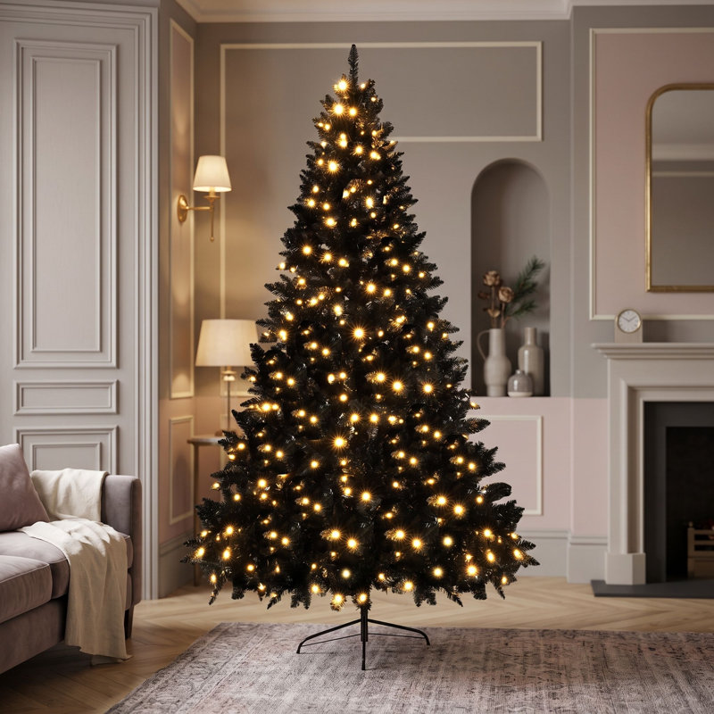 Sapin de Noël artificiel noir pré-illuminé de 1,83 m avec 280 lumières DEL multicolores, 920 extrémités de branches denses et support en métal