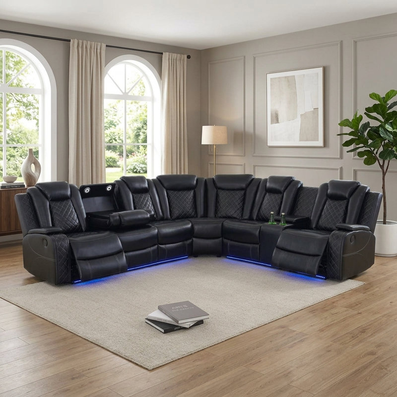 Ensemble de 3 canapés d'angle inclinables électriques en cuir respirant de 210 pouces avec éclairage DEL, Noir