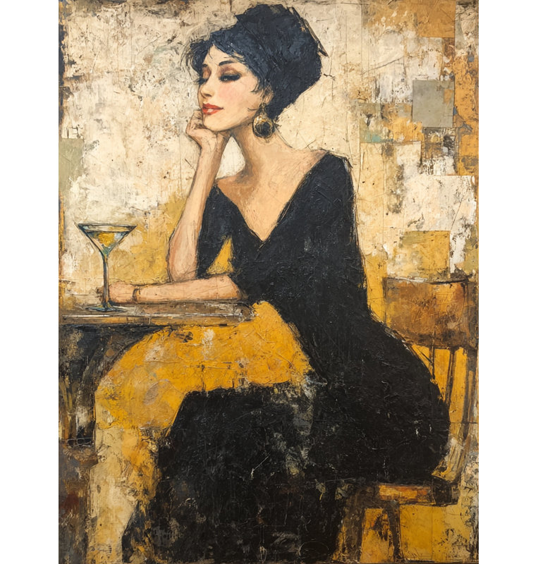 «Golden Hour Glamour - Elegant Woman with Martini», art mural sur toile, H 36 po x l 24 po