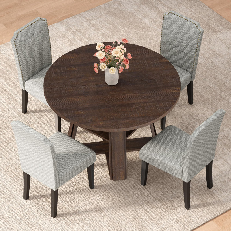 Table de salle à manger ronde 43,3 "pour 4-6 - Table de cuisine circulaire avec base en piédestal en bois et tablette de rangement, peu encombrante - pour la cuisine, le salon, l’appartement