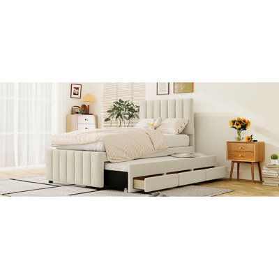 Lit plateforme simple tapissier avec lit gigogne et 3 tiroirs, taille lin beige
