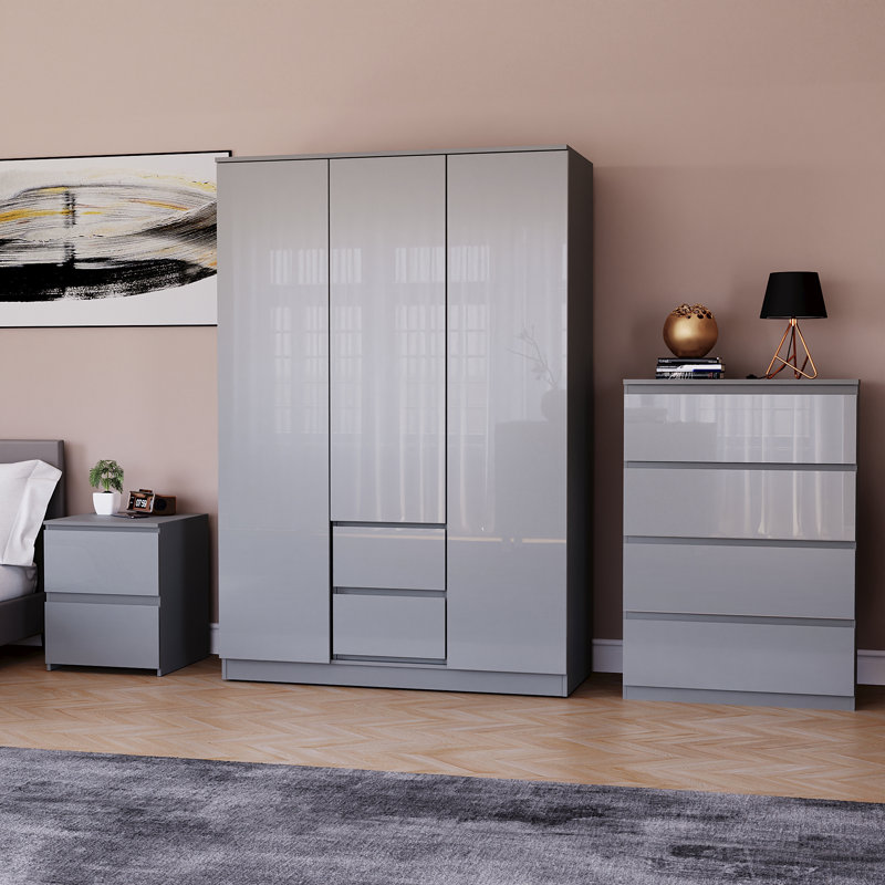Oslo 3 Piece Bedroom Set (2 Drawer Bedside Chest, 4 Drawer Chest, 3 Door 2 Drawer Wardrobe), (100% FSC), Grey