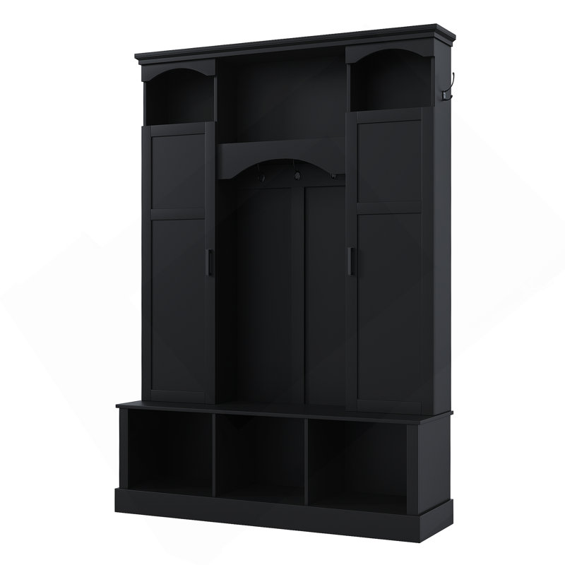 ON-TREND Modern All-In-One Hall Tree With Adjustable Shelves, Classic Arched Farmhouse Storage Bench With Dual Side Cabinets, Elegant Entryway Organizer With 7 Hooks For Mudroom, Hallway, Black