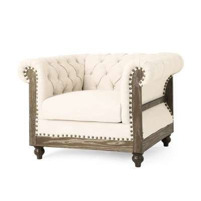 Fashionable Beige Club Chair With Deep Button Tufting, Scrolled Arms And Nailhead Trim, Fabric, Birch Wood Legs, Dark Brown Frame, 33" X 39" Wide 28" High Intriguing Featuring & Details, 100% 33 39