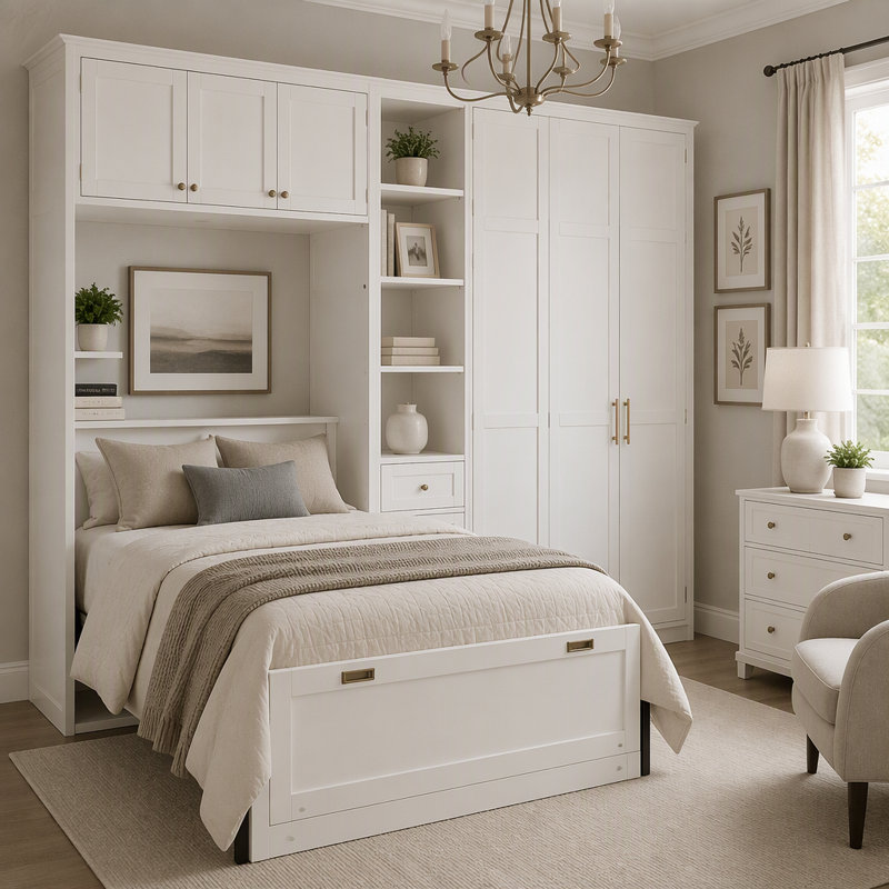 Lit armoire Murphy avec garde-robe et tablettes de rangement, Blanc