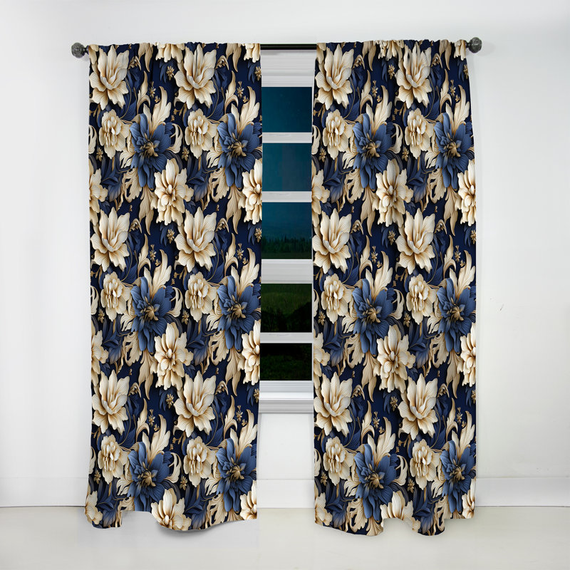 Beige And Blue Damask Fusion II - Damask Curtain - Velvet Room Darkening - 1 Panel, 52" W x 90" L