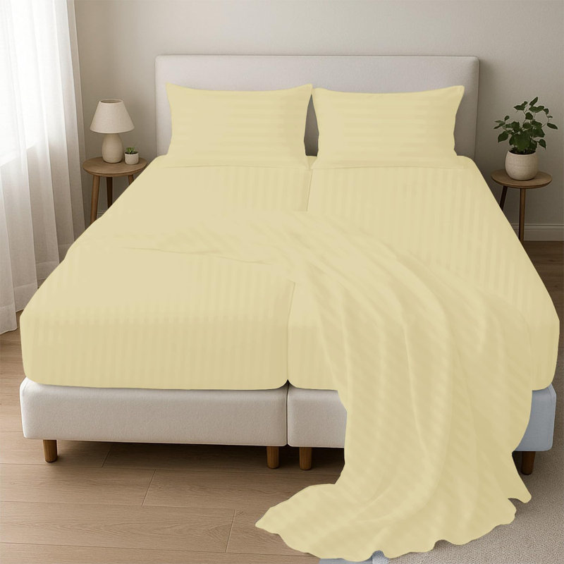 Ensemble de draps pour très grand lit divisé en 5 pièces pour lit très grand divisé, 100% coton égyptien à densité de tissage 800, draps réglables à poche profonde de 12 po, rayures ivoire