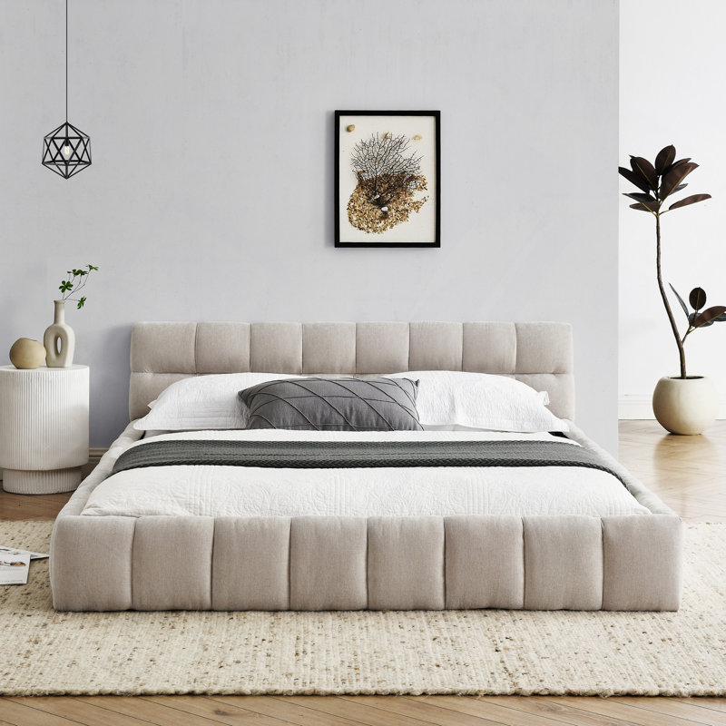 Grand cadre de lit tapissier grand avec tissu épais, lit plateforme grand format en chenille avec tête de lit et structure solide. Aucun sommier tapissier requis (68 po x 86,5 po x 23,5 po)