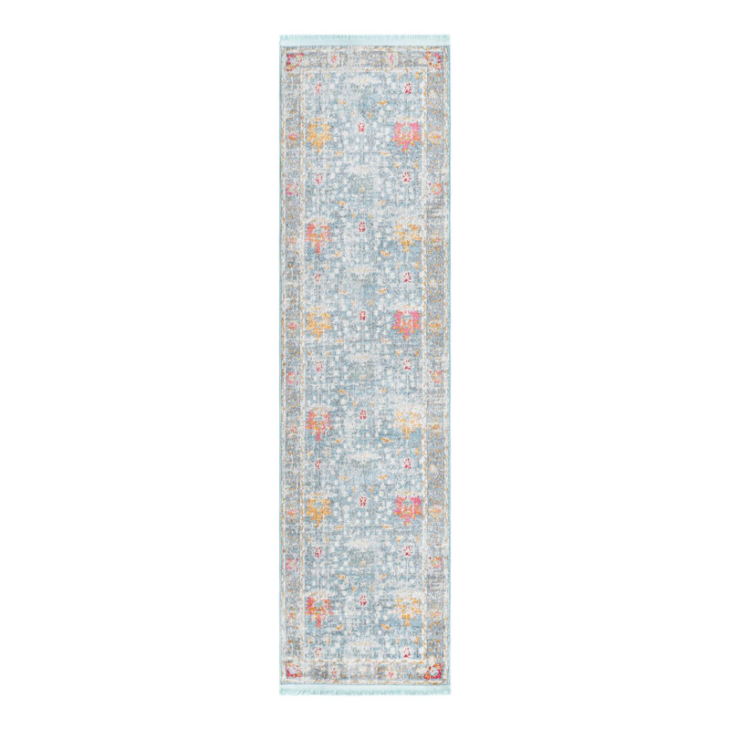 Tapis bleu à motif floral Haefner, Tapis de couloir 2 pi 2 po x 8 pi